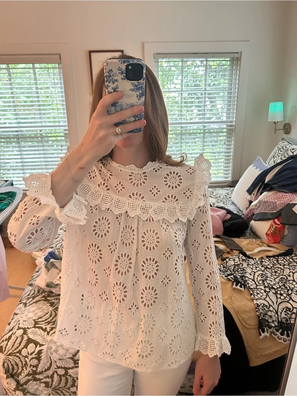 Zara Cream Eyelet Lace Long-Sleeve Blouse